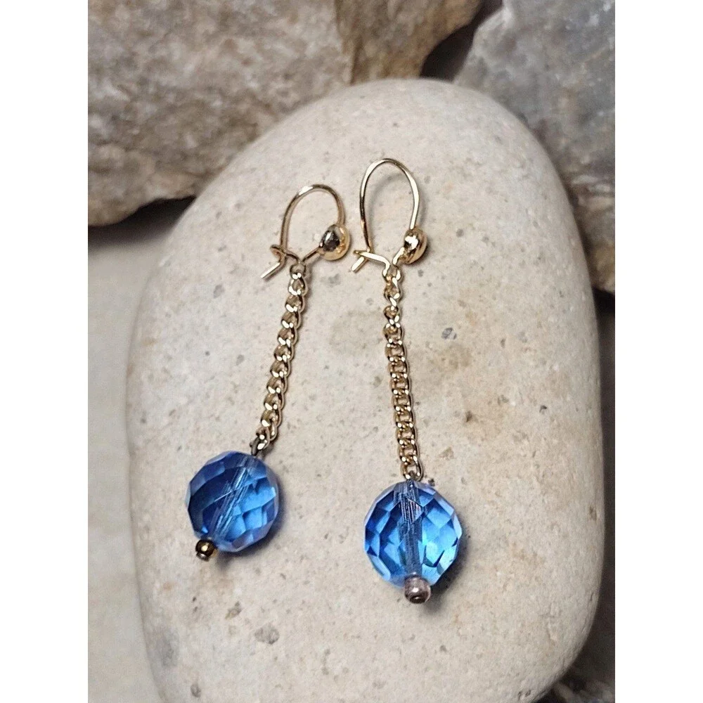 Blue Crystal Bead Gold Plated Chain Drop Dangle Earrings